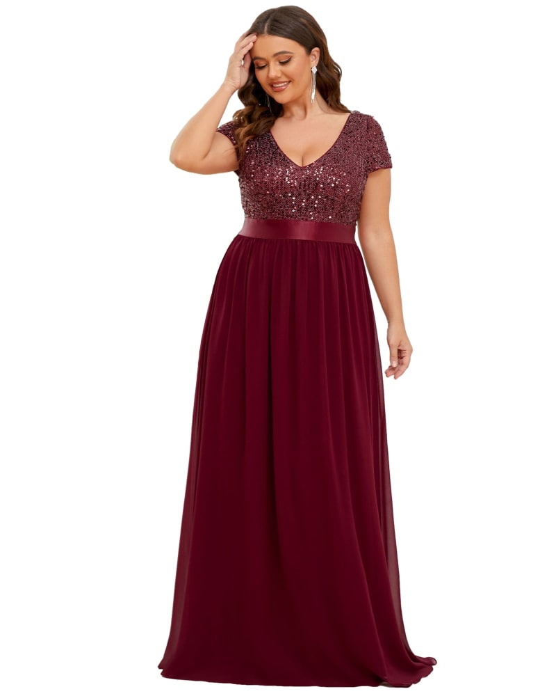 Front of a model wearing a size 14 Empire Waist V-Neck Cap Sleeve Chiffon Evening Dress in Burgundy by Ever-Pretty. | dia_product_style_image_id:288717